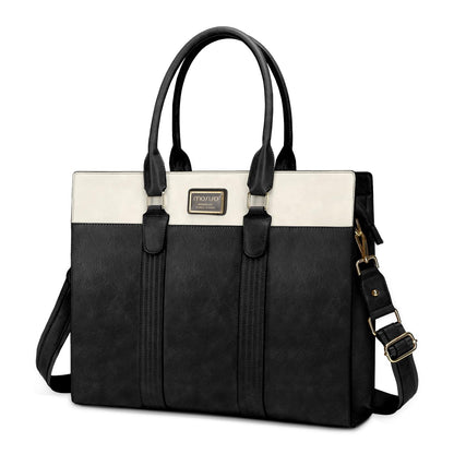 MOSISO Laptop Bag for Women, 15.6 inch PU Leather Laptop Tote Work Bags, 15.6-16 inch Large Capacity Double Vertical Stripes Computer Briefcase Waterproof Bag for Office Travel, Black