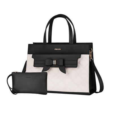 MOSISO Laptop Tote Bag, 15.6 inch PU Leather Flapover Pocket Tote Bag & Clutch Purse, Work Bag with Bowknot for Women, Waterproof Computer Briefcase for Business Office, Black