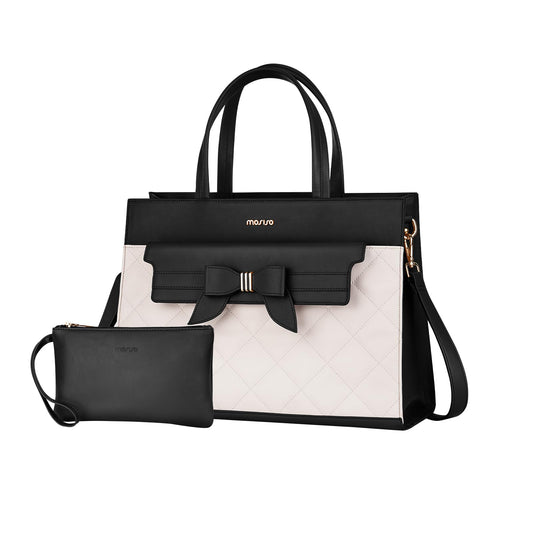 MOSISO Laptop Tote Bag, 15.6 inch PU Leather Flapover Pocket Tote Bag & Clutch Purse, Work Bag with Bowknot for Women, Waterproof Computer Briefcase for Business Office, Black