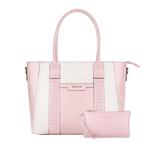 MOSISO Laptop Tote Bag for Women, 15.6 inch PU Leather Work Bag with Double Weave Strips & Clutch Purse, Waterproof Computer Briefcase Shoulder Handbag for Business Office, Pink