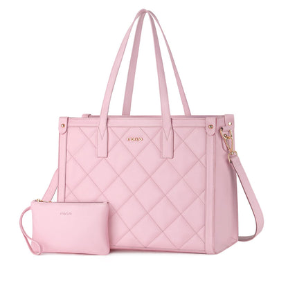 MOSISO Laptop Tote Bag for Women, 15.6 inch PU Leather Rhombus Quilted Work Bag with Cup Holder & Clutch Purse, Large Capacity Teacher Computer Briefcase for Business Office, Pink