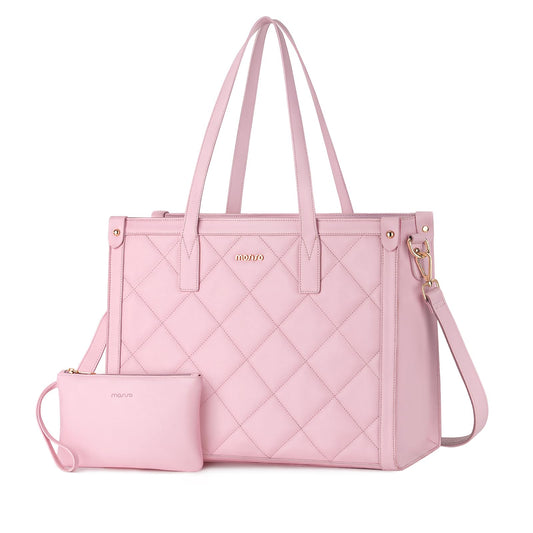 MOSISO Laptop Tote Bag for Women, 15.6 inch PU Leather Rhombus Quilted Work Bag with Cup Holder & Clutch Purse, Large Capacity Teacher Computer Briefcase for Business Office, Pink