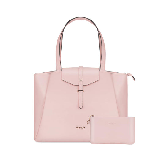 MOSISO Laptop Tote Bag for Women, 15.6 inch PU Leather Work Laptop Bag with Flap Buckle & Clutch Purse, Large Capacity Computer Shoulder Handbag for Casual Business Travel, Pink