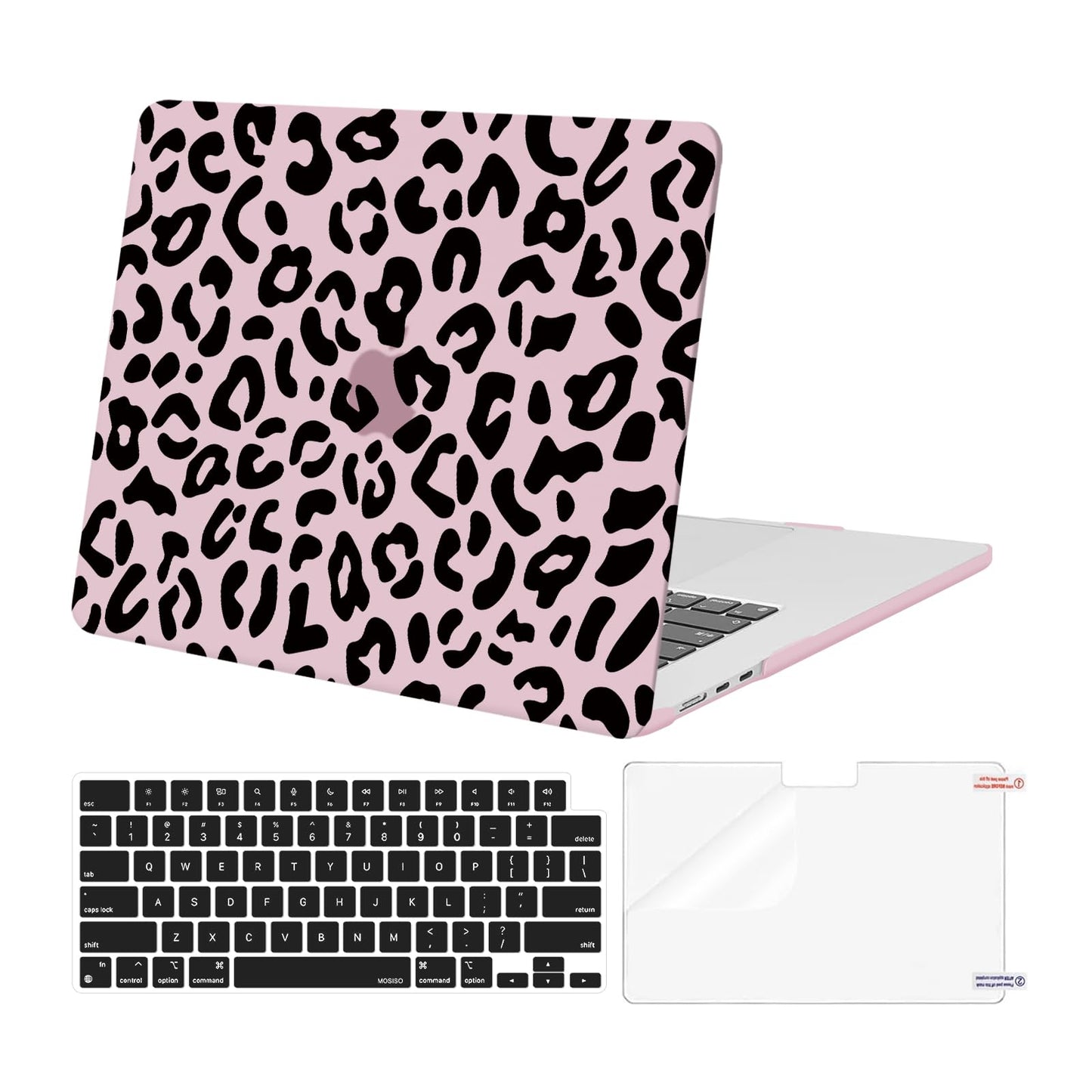 MOSISO Compatible with MacBook Air 15 inch Case 2025 2024 2023 Release M4 A3241 M3 A3114 M2 A2941 with Touch ID, Plastic Leopard Grain Hard Shell Case & Keyboard Cover & Screen Protector, Black