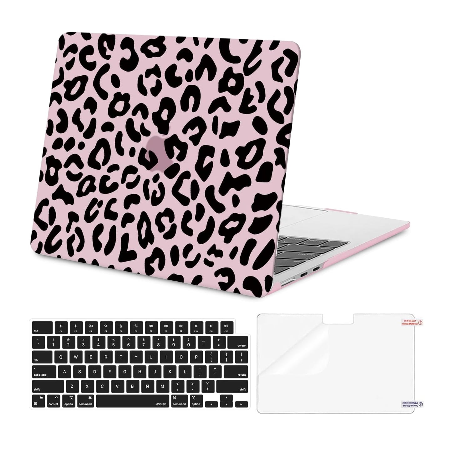 MOSISO Compatible with MacBook Air 13 inch Case 2025 2024 2023 2022 M4 A3240 M3 A3113 M2 A2681, Leopard Grain Hard Case&Keyboard Skin&Screen Film Compatible with MacBook Air 13.6 inch Case, Black