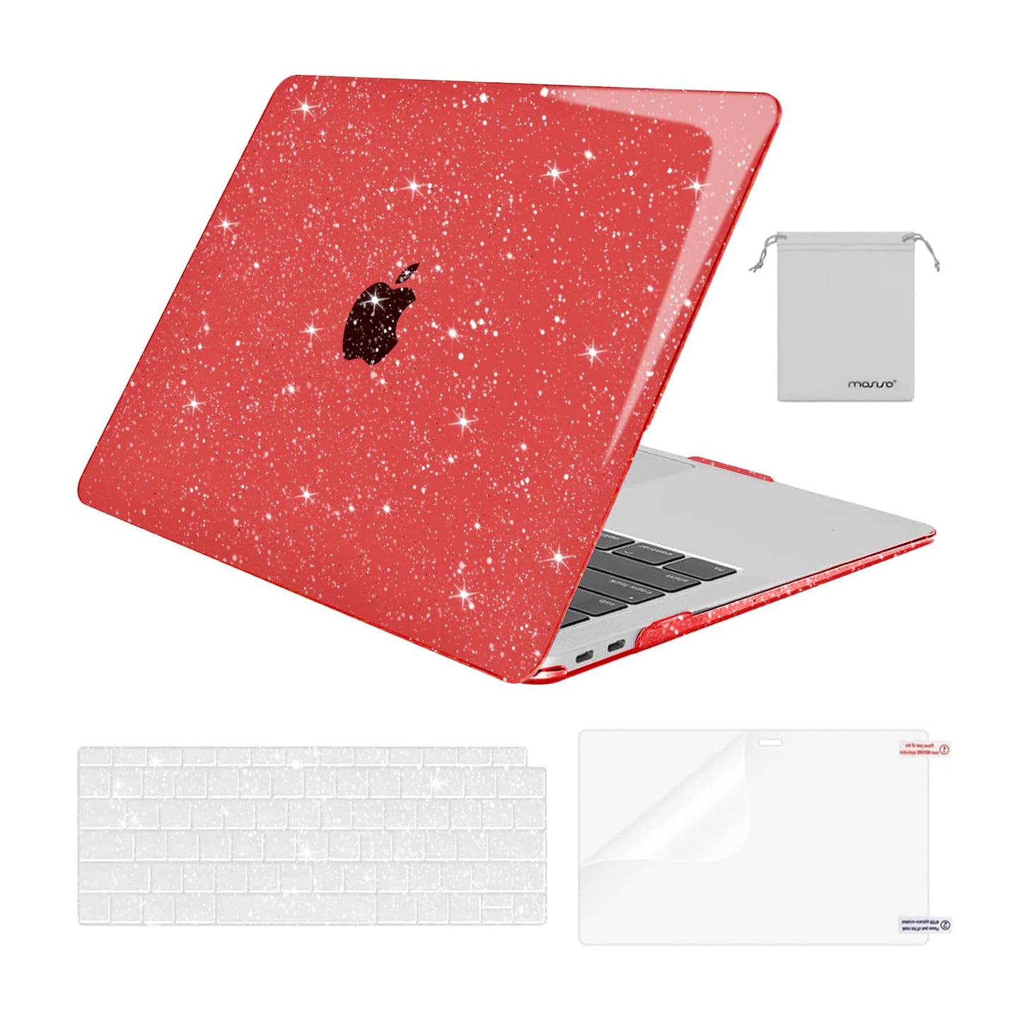 MOSISO Compatible with MacBook Air 13 inch Case 2022 2021 2020 2019 2018 A2337 M1 A2179 A1932, Glitter Plastic Hard Shell&Keyboard Cover&Screen Film&Storage Bag for MacBook Air 13 inch, Transparent