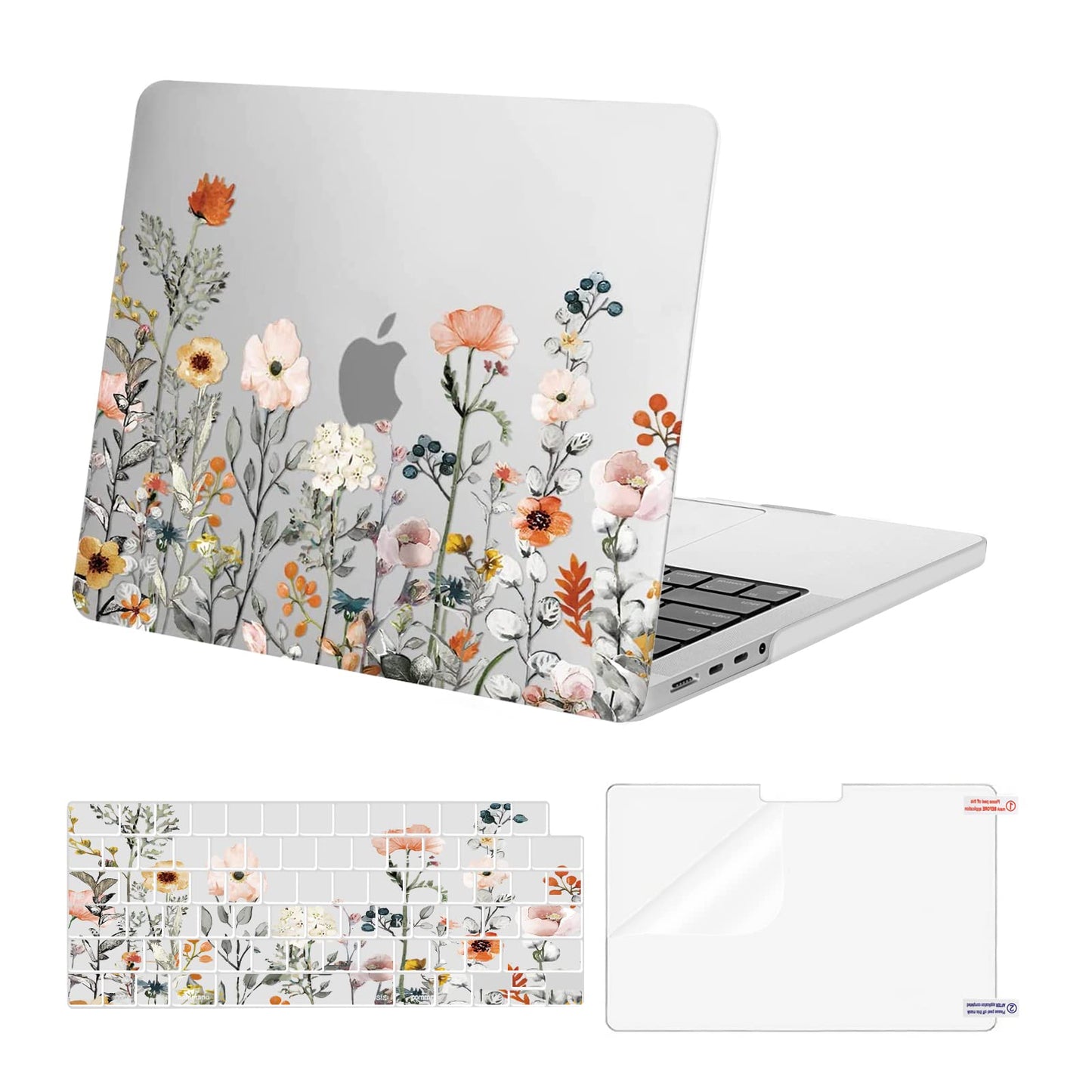 MOSISO Compatible with MacBook Pro 14 inch Case 2025-2021 M4 M3 M2 M1 A3112 A3185 A3401 A2918 A2992 A2779 A2442, Plastic Garden Flowers Hard Shell Case&Keyboard Cover&Screen Protector, Transparent
