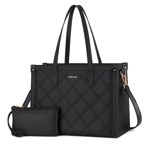 MOSISO Laptop Tote Bag for Women, 15.6 inch PU Leather Rhombus Quilted Work Bag with Cup Holder & Clutch Purse, Large Capacity Teacher Computer Briefcase for Business Office, Black