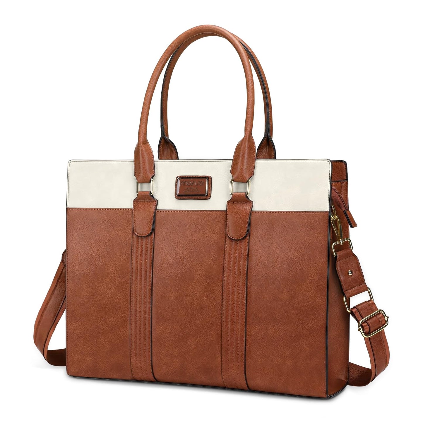 MOSISO Laptop Bag for Women, 15.6 inch PU Leather Laptop Tote Work Bags, 15.6-16 inch Large Capacity Double Vertical Stripes Computer Briefcase Waterproof Bag for Office Travel, Black