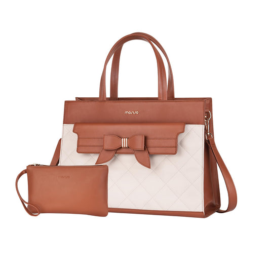 MOSISO Laptop Tote Bag, 15.6 inch PU Leather Flapover Pocket Tote Bag & Clutch Purse, Work Bag with Bowknot for Women, Waterproof Computer Briefcase for Business Office, Brown