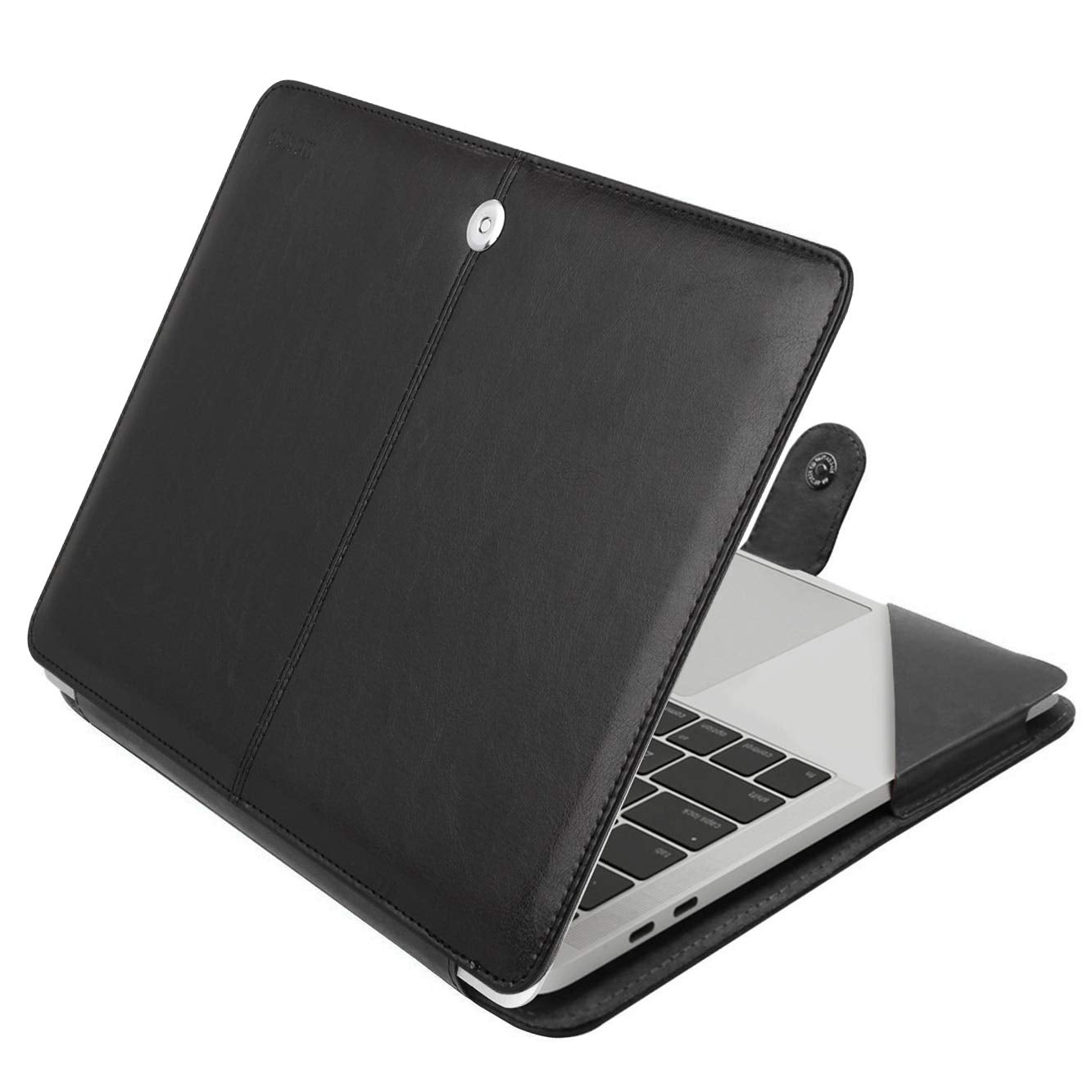 MOSISO Compatible with MacBook Air 15 inch M4 A3241 M3 A3114 M2 A2941 2025 2024 2023/ Pro 15 Case A1990 A1707 2019-2016, PU Leather Portfolio Protective Stand Cover Sleeve with Clear Strip, Black
