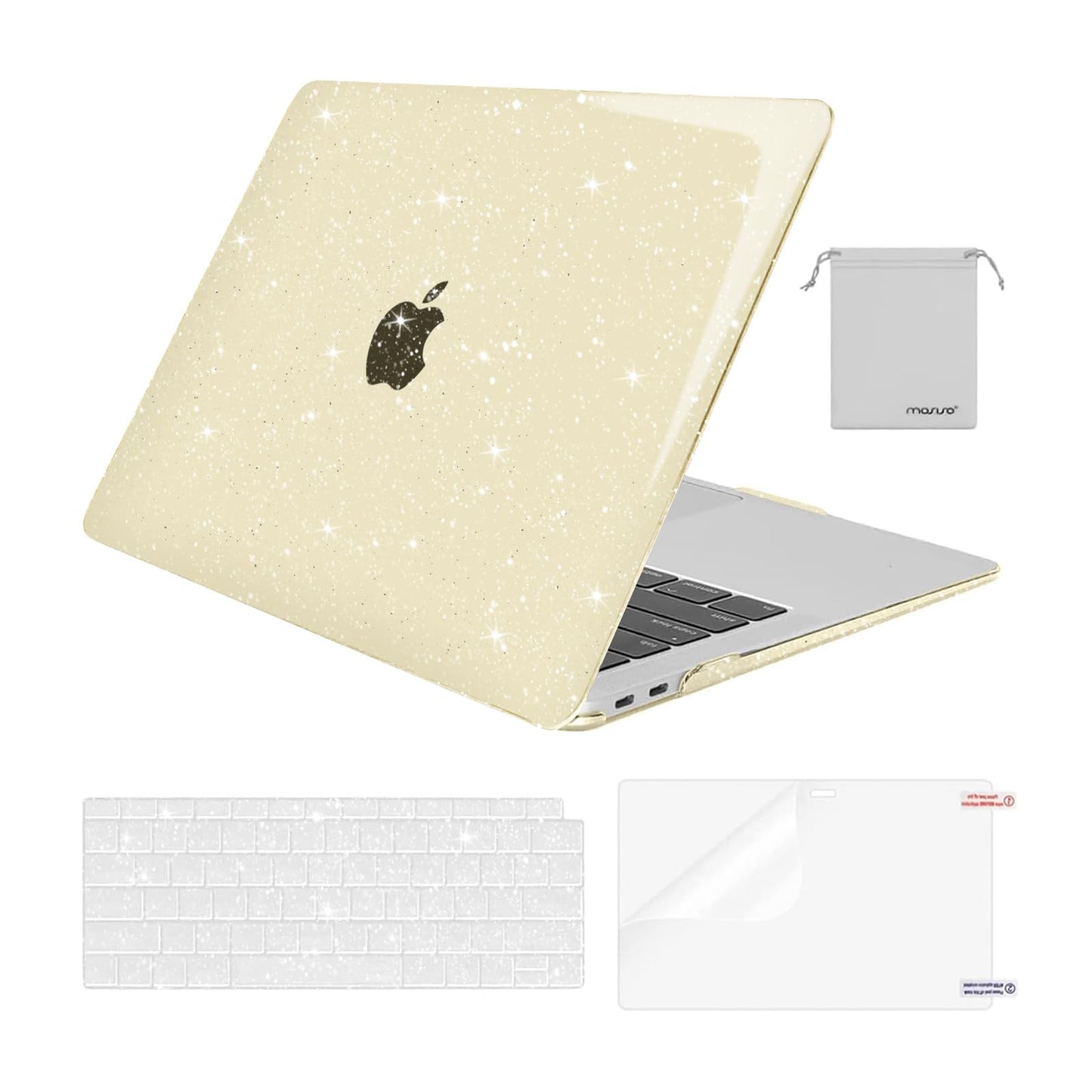 MOSISO Compatible with MacBook Air 13 inch Case 2022 2021 2020 2019 2018 A2337 M1 A2179 A1932, Glitter Plastic Hard Shell&Keyboard Cover&Screen Film&Storage Bag for MacBook Air 13 inch, Transparent