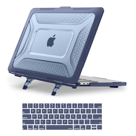 MOSISO Compatible with MacBook Pro 13 inch Case M2 2025-2016 A2338 M1 A2251 A2289 A2159 A1989 A1708 A1706,Honeycomb Heavy Duty TPU Bumper Plastic Hard Case with Fold Kickstand&Keyboard Cover,Navy Blue