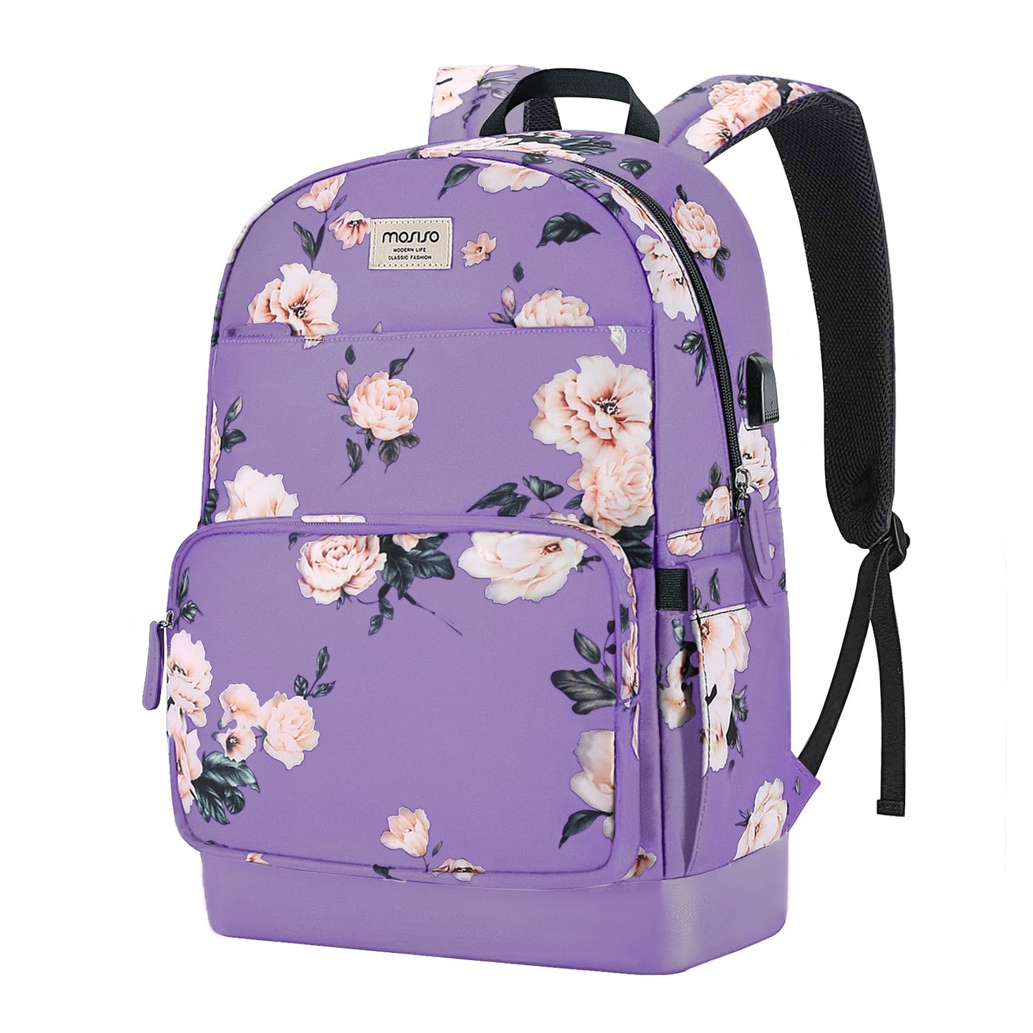 MOSISO 15.6-16 inch Laptop Backpack for Women, Polyester Anti-Theft Stylish Casual Daypack Bag with Luggage Strap & USB Charging Port, Camellia Travel Backpack, Green iMosiso