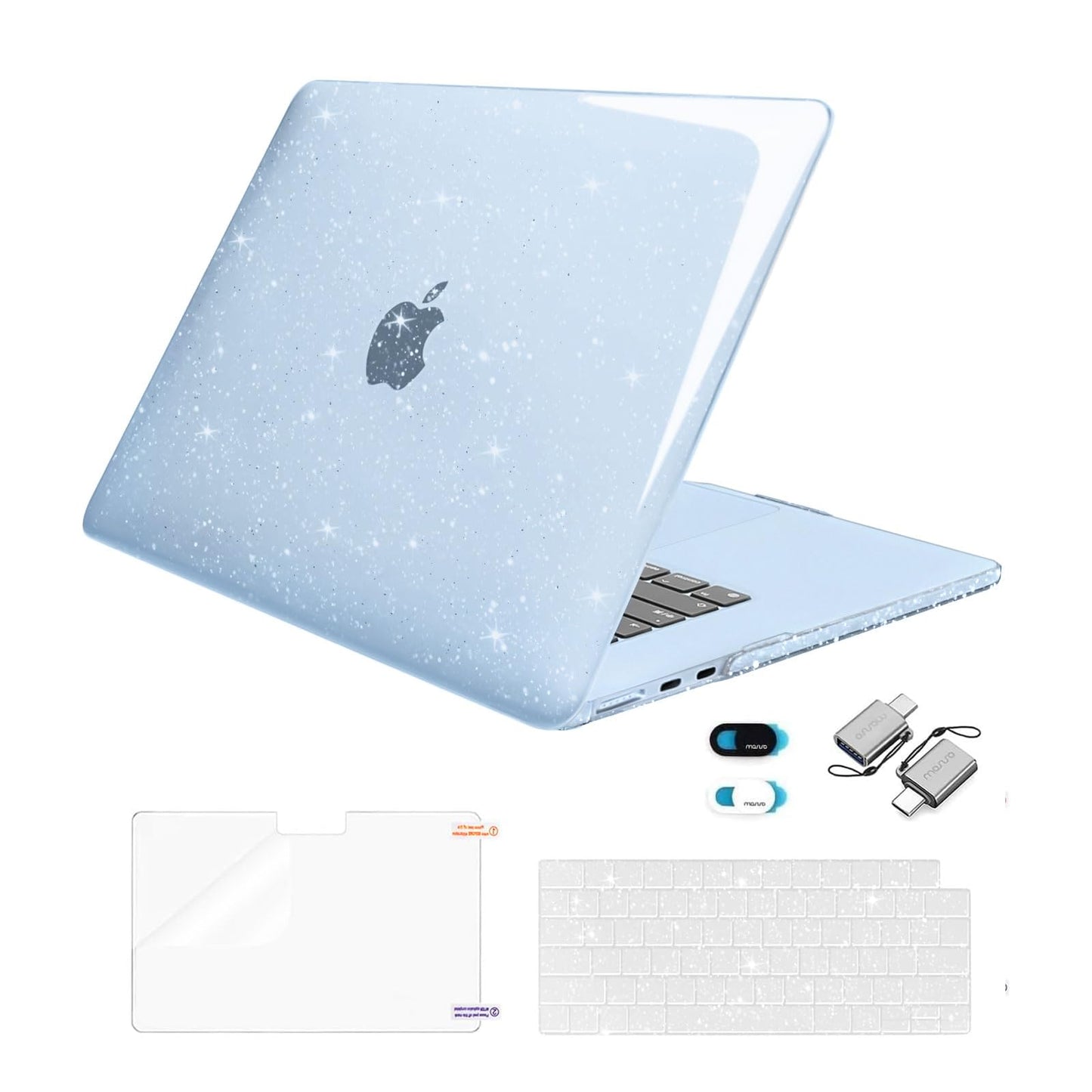 MOSISO Compatible with MacBook Air 15 inch Case 2025 2024 2023 Release M4 A3241 M3 A3114 M2 A2941, Sparkly Glitter Plastic Hard Shell&Keyboard Cover&Screen Protector&Webcam Cover&Type C, Transparent