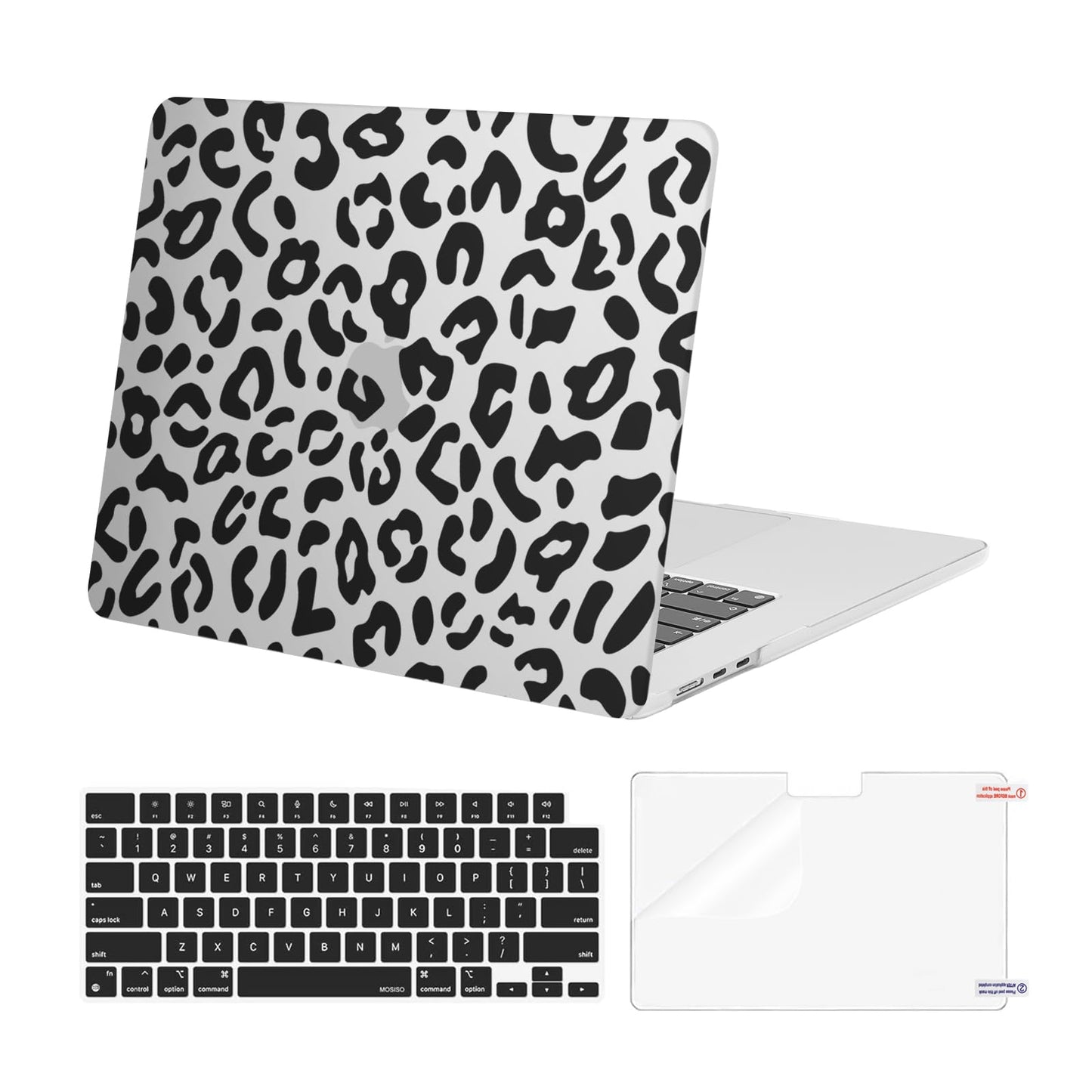 MOSISO Compatible with MacBook Air 15 inch Case 2025 2024 2023 Release M4 A3241 M3 A3114 M2 A2941 with Touch ID, Plastic Leopard Grain Hard Shell Case & Keyboard Cover & Screen Protector, Black