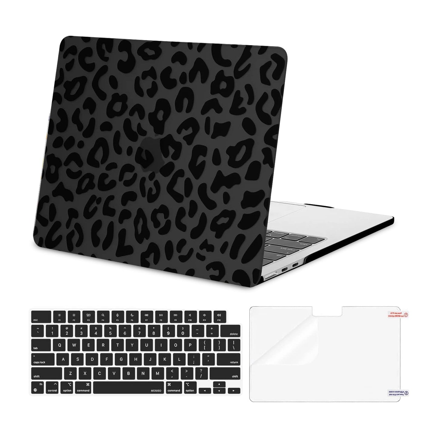 MOSISO Compatible with MacBook Air 13 inch Case 2025 2024 2023 2022 M4 A3240 M3 A3113 M2 A2681, Leopard Grain Hard Case&Keyboard Skin&Screen Film Compatible with MacBook Air 13.6 inch Case, Black