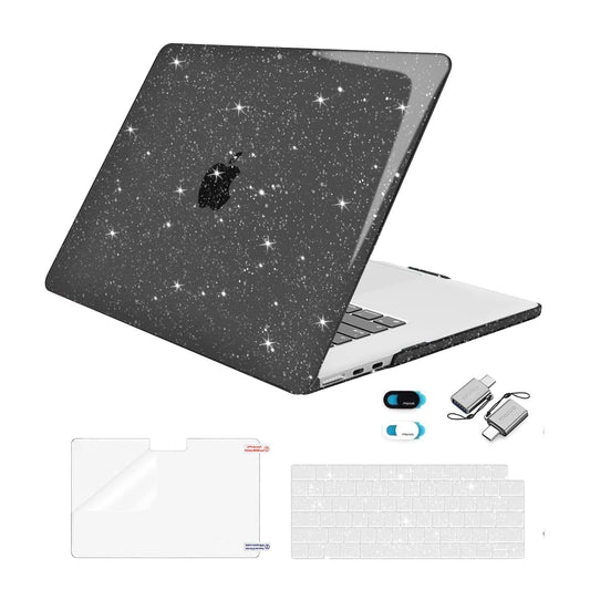 MOSISO Compatible with MacBook Air 15 inch Case 2025 2024 2023 Release M4 A3241 M3 A3114 M2 A2941, Sparkly Glitter Plastic Hard Shell&Keyboard Cover&Screen Protector&Webcam Cover&Type C, Black