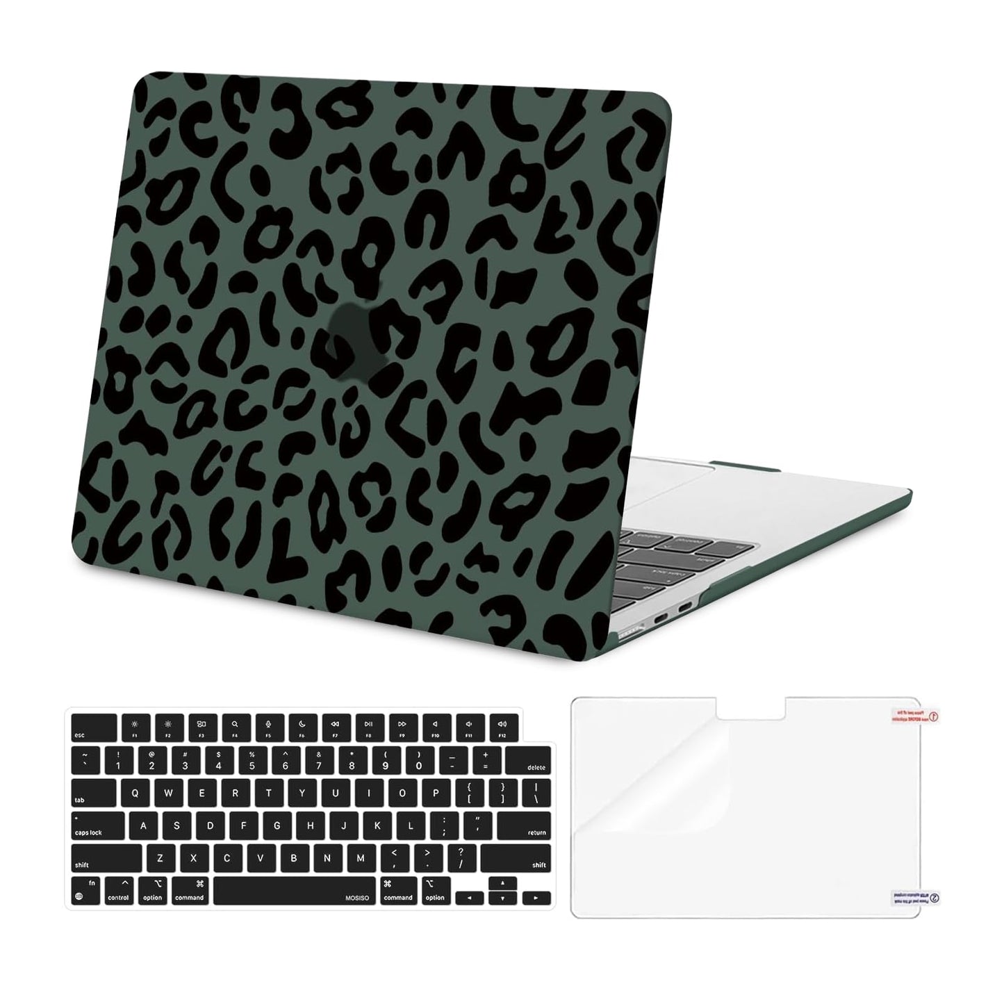 MOSISO Compatible with MacBook Air 13 inch Case 2025 2024 2023 2022 M4 A3240 M3 A3113 M2 A2681, Leopard Grain Hard Case&Keyboard Skin&Screen Film Compatible with MacBook Air 13.6 inch Case, Black