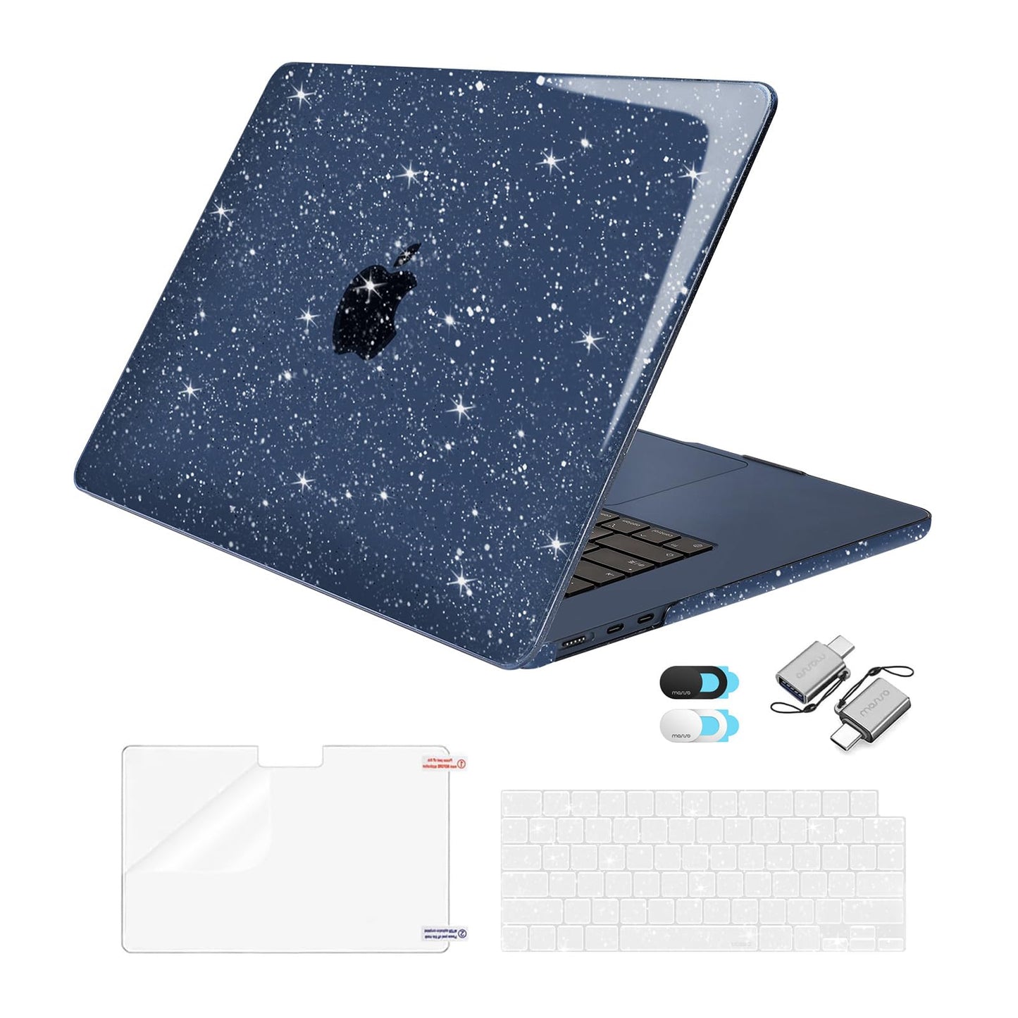 MOSISO Compatible with MacBook Air 15 inch Case 2025 2024 2023 Release M4 A3241 M3 A3114 M2 A2941, Sparkly Glitter Plastic Hard Shell&Keyboard Cover&Screen Protector&Webcam Cover&Type C, Transparent