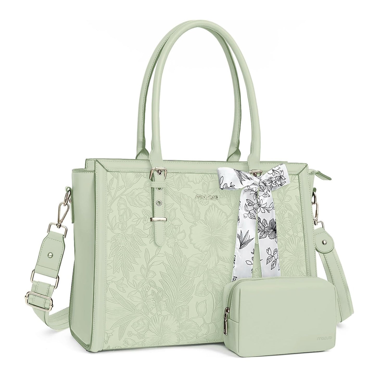 MOSISO Laptop Bag for Women, PU Leather Tote Bag, Front Embossed Retro Hibiscus Computer Bags with Silk Scarf&Clutch Purse