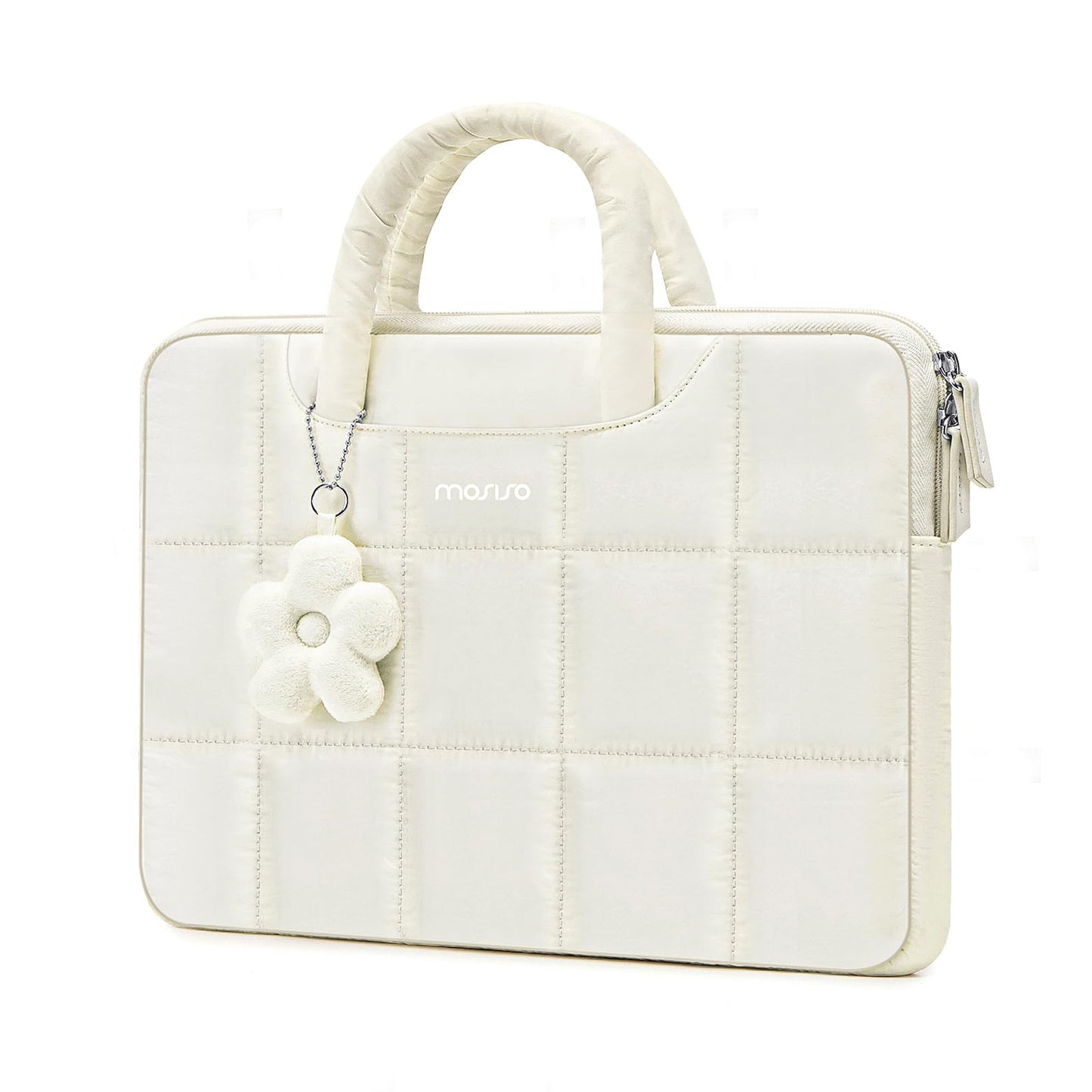 MOSISO 13-16 inch Laptop Case, Puffy Sleeve for MacBook Air/Pro | Compatible with HP Acer Dell ASUS Lenovo | Rectangle Quilted Computer Bag | with Handle & Flower Pendant | Sand Color