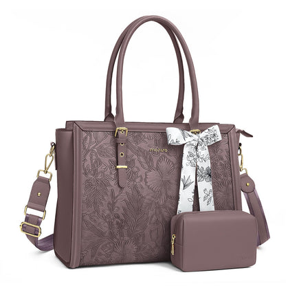 MOSISO Laptop Bag for Women, PU Leather Tote Bag, Front Embossed Retro Hibiscus Computer Bags with Silk Scarf&Clutch Purse