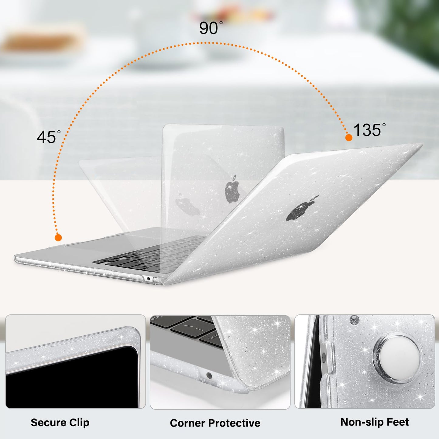 MOSISO Compatible with MacBook Air 15 inch Case 2025 2024 2023 Release M4 A3241 M3 A3114 M2 A2941, Sparkly Glitter Plastic Hard Shell&Keyboard Cover&Screen Protector&Webcam Cover&Type C, Transparent