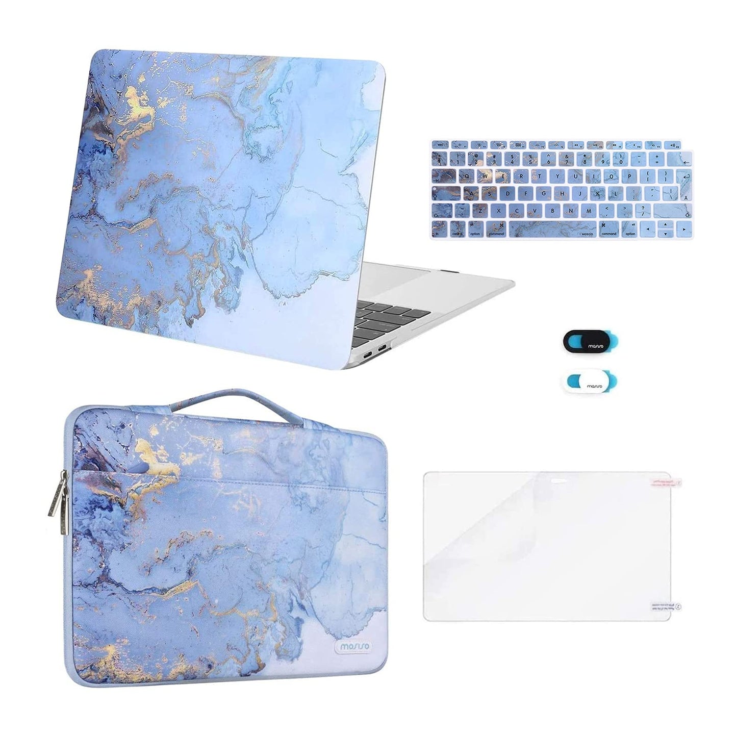 MOSISO Compatible with MacBook Air 13 inch Case 2022-2018 A2337 M1 A2179 A1932 Retina, Plastic Watercolor Marble Hard Shell Case&Sleeve Bag&Keyboard Skin&Webcam Cover&Screen Protector, Blue iMosiso
